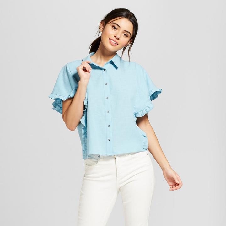 Women's Ruffle Sleeve Button-down Shirt - Universal Thread Blue