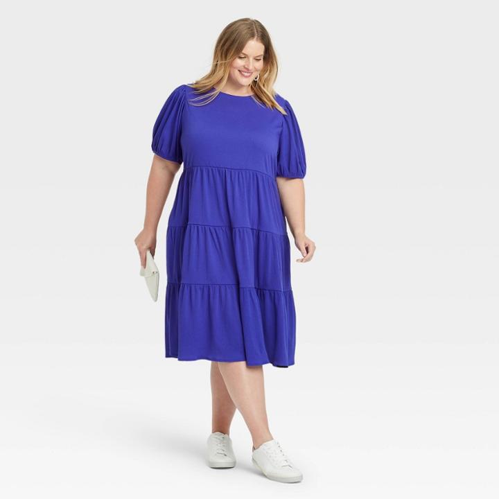 Women's Plus Size Short Sleeve Tiered Dress - Ava & Viv Blue