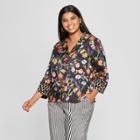 Women's Plus Size Floral Print Long Sleeve Pajama Shirt Jacket - Who What Wear Black 1x, Black Floral