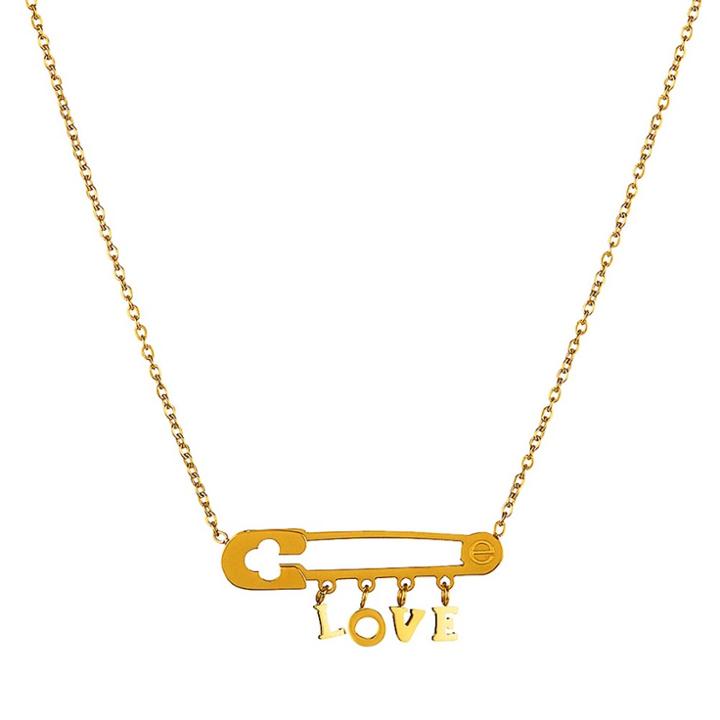 Elya 'love' Safety Pin Pendant Necklace - Gold
