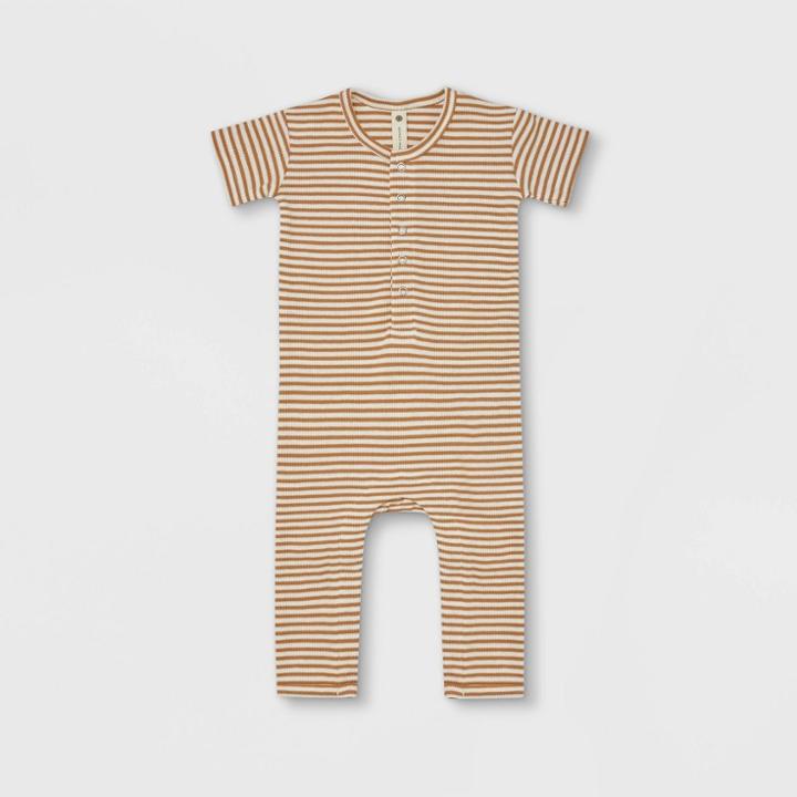 Q By Quincy Mae Baby Ribbed Striped Short Sleeve Romper - Ivory