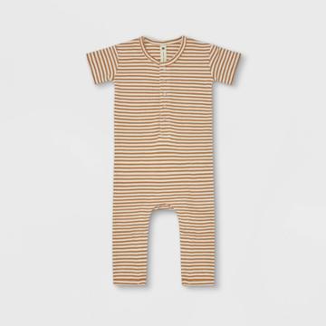 Q By Quincy Mae Baby Ribbed Striped Short Sleeve Romper - Ivory