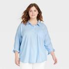 Women's Plus Size Long Sleeve Boyfriend Fit Linen Button-down Shirt - Universal Thread Blue