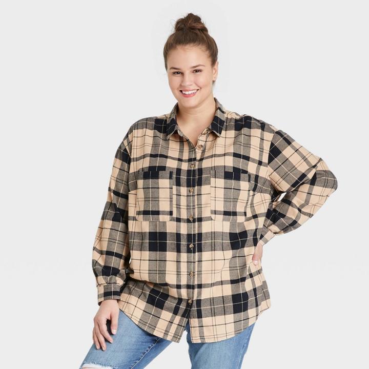 Women's Plus Size Long Sleeve Button-down Flannel Tunic Top - Ava & Viv Tan Plaid