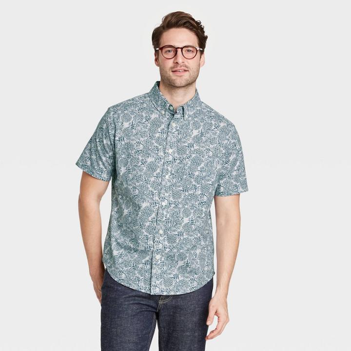Men's Pineapple Print Standard Fit Stretch Poplin Short Sleeve Button-down Shirt - Goodfellow & Co Xavier Navy