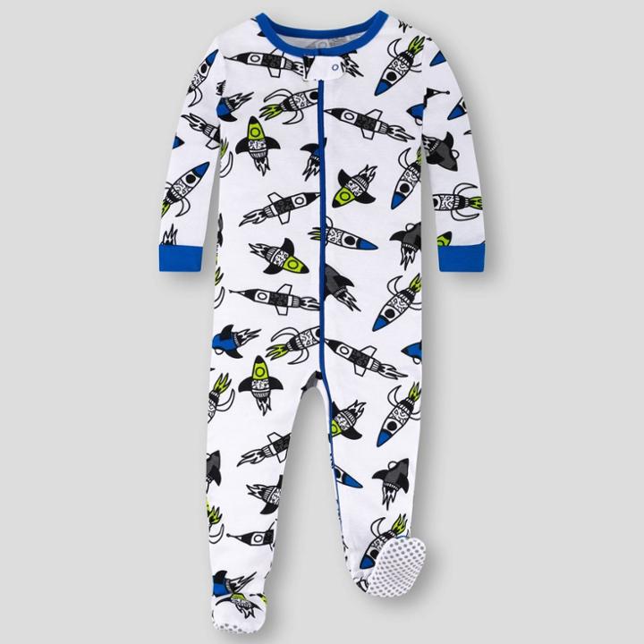 Lamaze Toddler Boys' Rocket Stretchy Organic Cotton Snug Fit Footed Pajama - White/blue