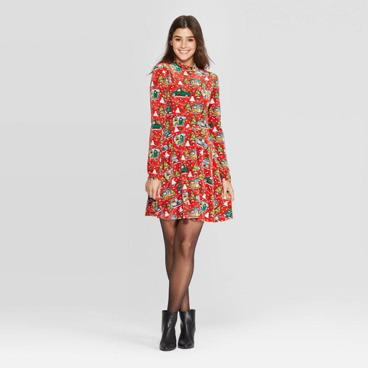 Women's Long Sleeve Car/tree Holiday A-line Dress - Born Famous (juniors') - Red
