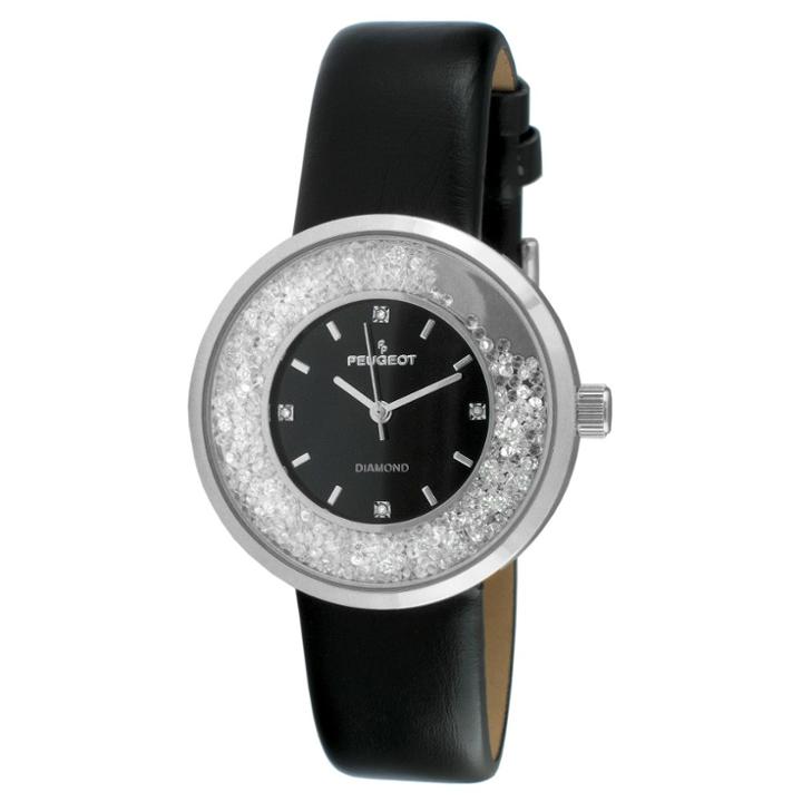 Peugeot Watches Peugeot Women's Silver Tone Diamond Dial, Floating Cz Watch, Black