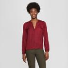 Women's Long Sleeve Satin Popover Blouse - A New Day Burgundy (red)