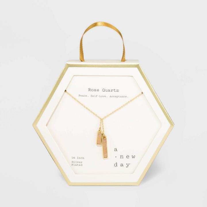 Silver Plated With Gold Flash And Semi-precious Rose Quartz Double Bar Y Necklace - A New Day Gold, Women's