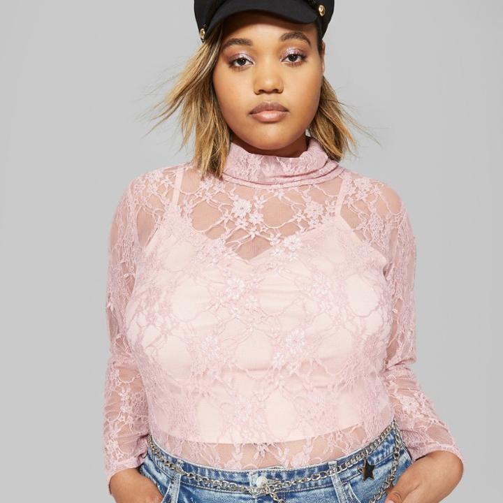 Women's Plus Size Long Sleeve Sheer Lace Turtleneck - Wild Fable Mauve (pink)