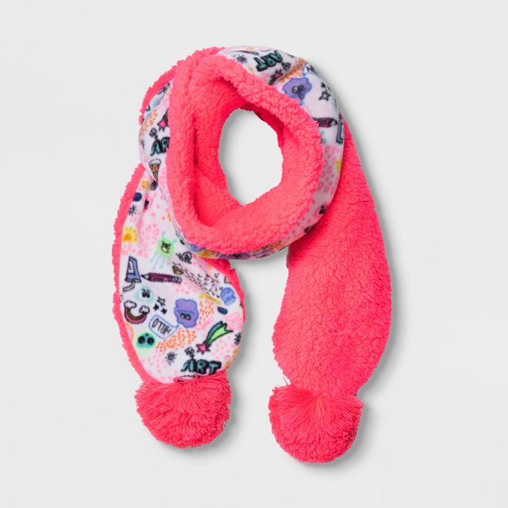 Girls' Doodle Print Fleece Scarf - Cat & Jack Pink One Size, Ivory