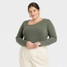Women's Plus Size Long Sleeve Asymmetrical Top - A New Day Olive