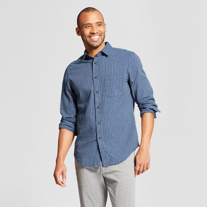 Men's Striped Standard Fit Long Sleeve Denim Button-down Shirt - Goodfellow & Co Jamestown Blue