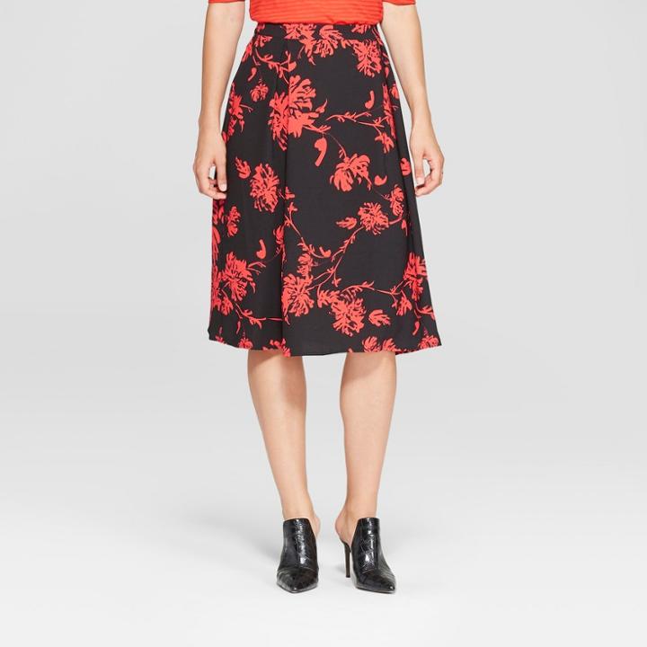 Women's Floral Print Birdcage Midi Skirt - Who What Wear Black/red 12, Black/red Floral