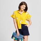 Women's Floral Print Ruffle Short Sleeve Shirt - A New Day Yellow