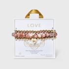 Beloved + Inspired Gold Rose Quartz And Red Picasso Jasper With Heart Charm Trio Stretch Bead Bracelet Set - Pink Rose