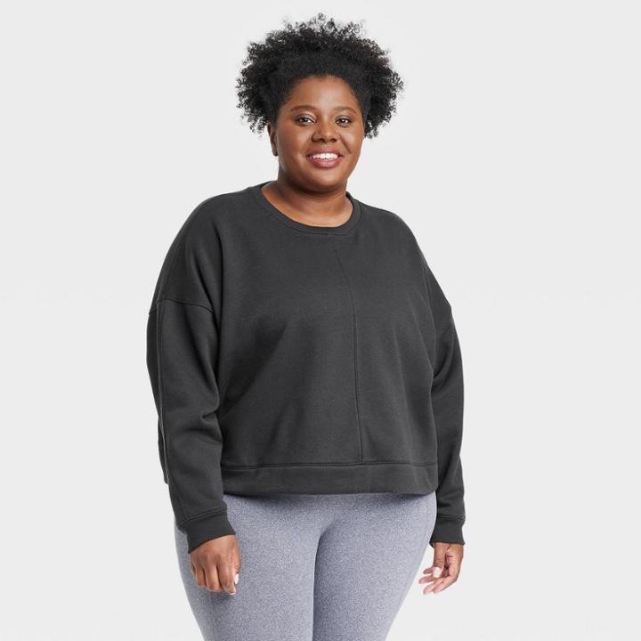 Women's Plus Size Cotton Fleece Crewneck Cropped Sweatshirt - All In Motion Black