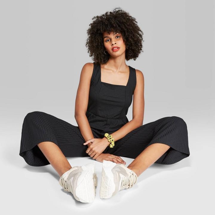 Women's Sleeveless Square Neck Rib Knit Jumpsuit - Wild Fable Black L, Women's,