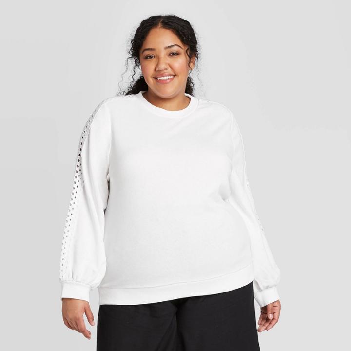 Women's Plus Size Crewneck Eyelet Trim Sweatshirt - Who What Wear White 1x, Women's,