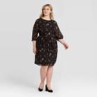 Women's Plus Size Floral Print Long Sleeve Midi Dress - Ava & Viv Black X, Women's