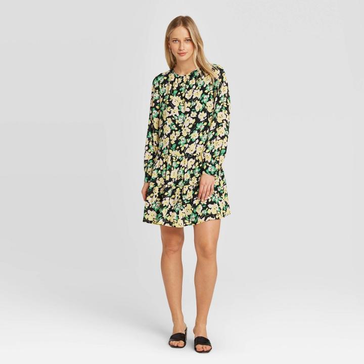 Women's Floral Print Long Sleeve Round Neck Button Back Tiered Mini Dress - Who What Wear Xs, Women's,