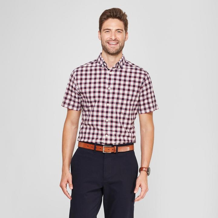 Men's Plaid Slim Fit Short Sleeve Soft Wash Button-down Shirt - Goodfellow & Co Brigadier Navy
