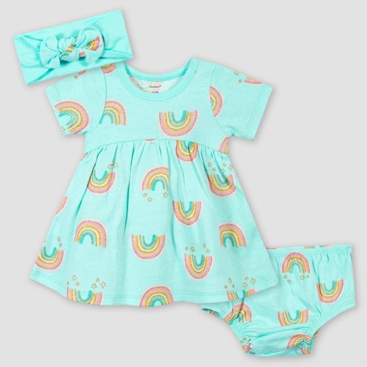 Gerber Baby Girls' 3pc Rainbow Dress With Diaper Cover And Headband - Teal 0-3m, Girl's, Blue