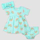 Gerber Baby Girls' 3pc Rainbow Dress With Diaper Cover And Headband - Teal 0-3m, Girl's, Blue