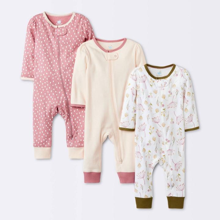 Baby Girls' 3pk Prairie Floral Zip-up Romper - Cloud Island Pink