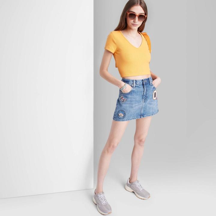 Women's Low-rise Denim Mini Skirt - Wild Fable Medium Wash Patches 00, Medium Blue Patches