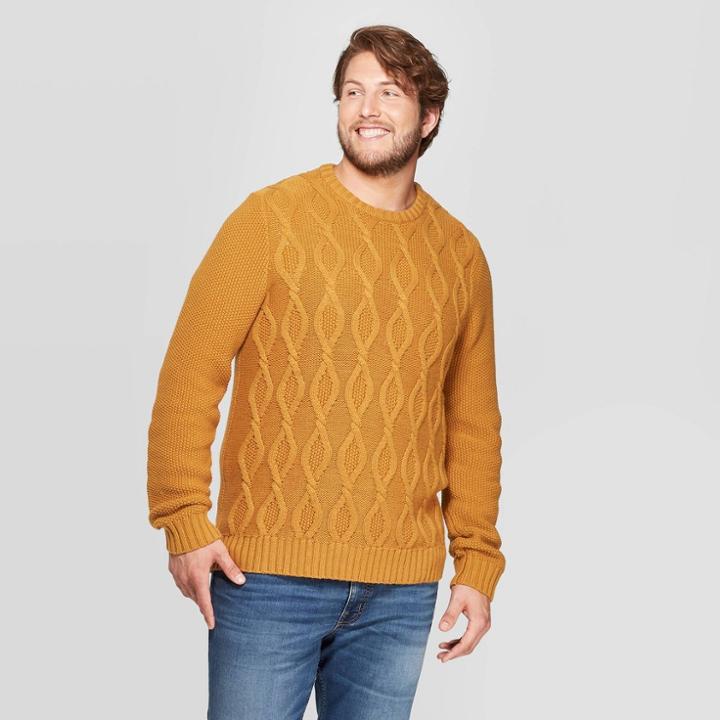 Men's Big & Tall Cable Crew Neck Sweater - Goodfellow & Co Brown Decaf