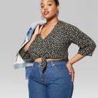 Women's Plus Size 3/4 Sleeve Animal Print Tie Front Woven Top - Wild Fable Olive