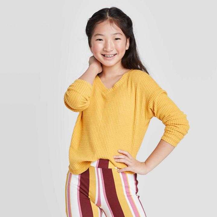 Girls' Long Sleeve Waffle Knit Top - Art Class Yellow