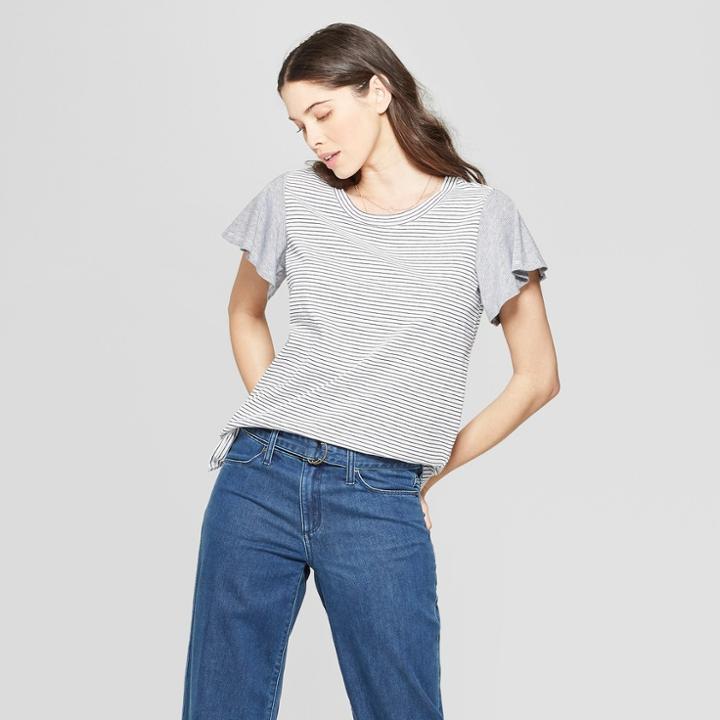 Women's Striped Short Sleeve Scoop Neck Top - Universal Thread White