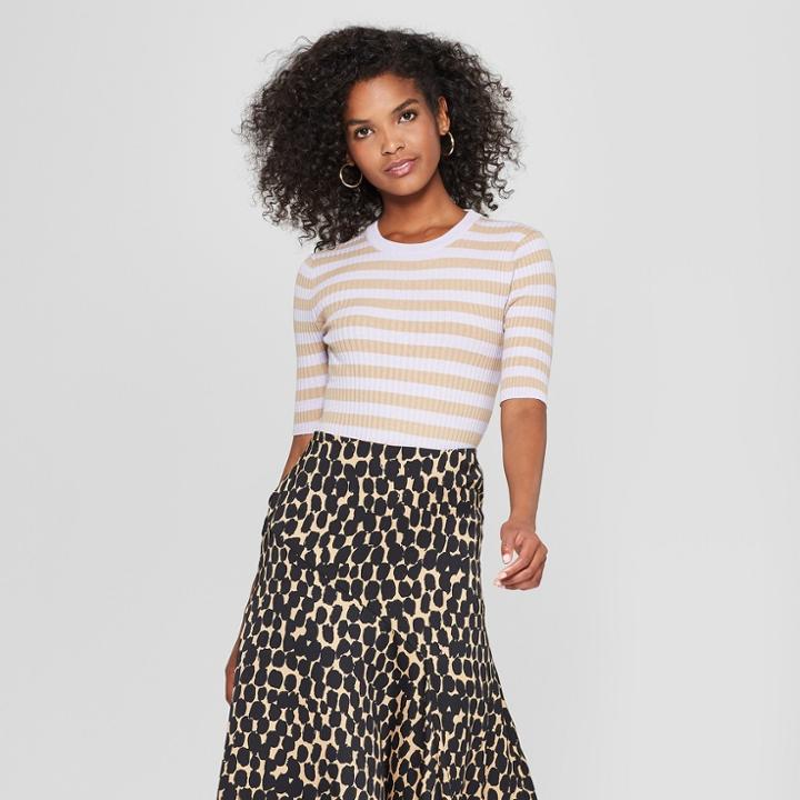 Women's Striped Elbow Sleeve Crew Sweater - Who What Wear Light Purple S, Light Purple