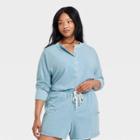 Women's Plus Size Long Sleeve Henley Neck Cropped Shirt - Universal Thread Blue