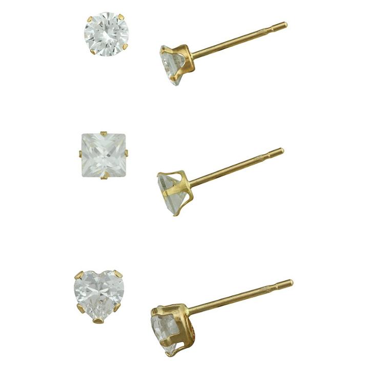 Target Girls' Gold Over Silver 3 Pr-4mm Round/square/heart Cubic Zirconia Stud
