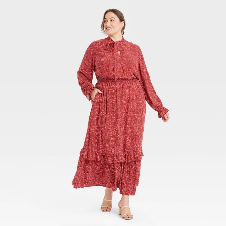 Women's Plus Size Long Sleeve Tiered Ruffle Dress - Ava & Viv Red X