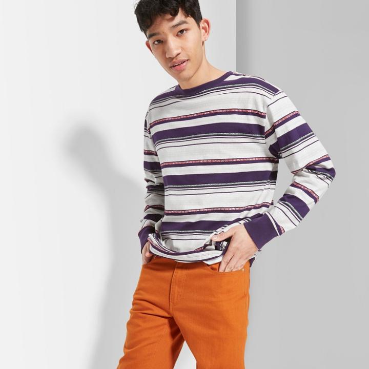 Men's Striped Regular Fit Long Sleeve Boxy T-shirt - Original Use Essential Gray