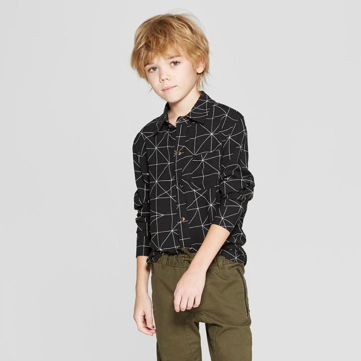 Boys' Long Sleeve Raw Edge Front Button Shirt - Art Class Black/white