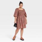 Women's Plus Size Puff Elbow Sleeve Smocked Dress - Ava & Viv Brown