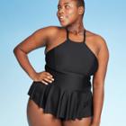 Women's Plus Size Halter-peplum Tankini Top - Black - Sea Angel Black 1x, Women's,
