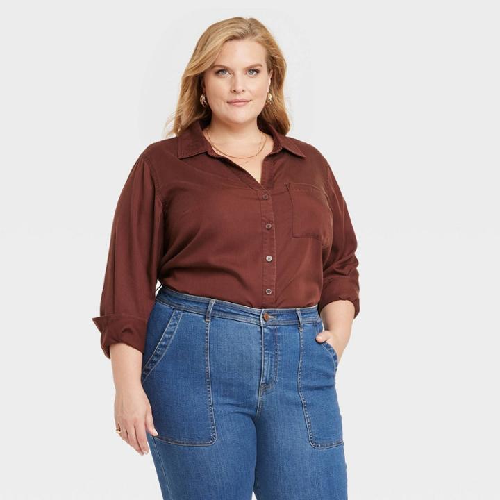 Women's Plus Size Long Sleeve Button-down Shirt - Knox Rose Brown