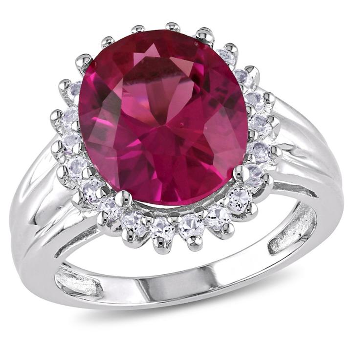 7.49 Ct. T.w. Oval Cut Created Ruby And.66 Ct. T.w. White Topaz Halo Ring In Sterling Silver