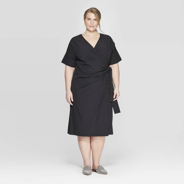 Women's Plus Size Short Sleeve V-neck Wrapped Dress - Prologue Black