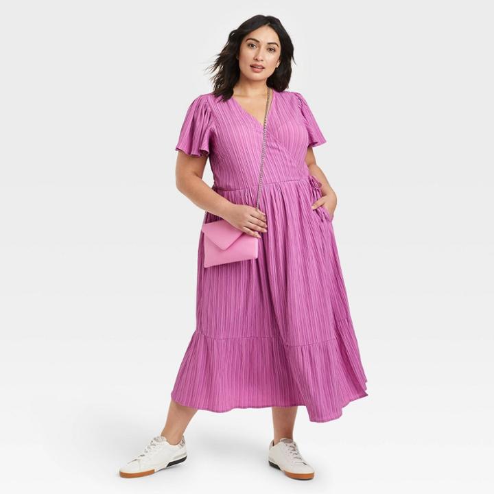 Women's Plus Size Flutter Short Sleeve Wrap Dress - A New Day Purple