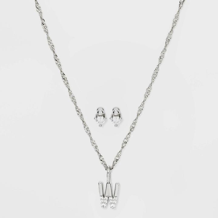 Silver Plated Cubic Zirconia 'w' Initial Earring And Pendant Necklace Set - A New Day