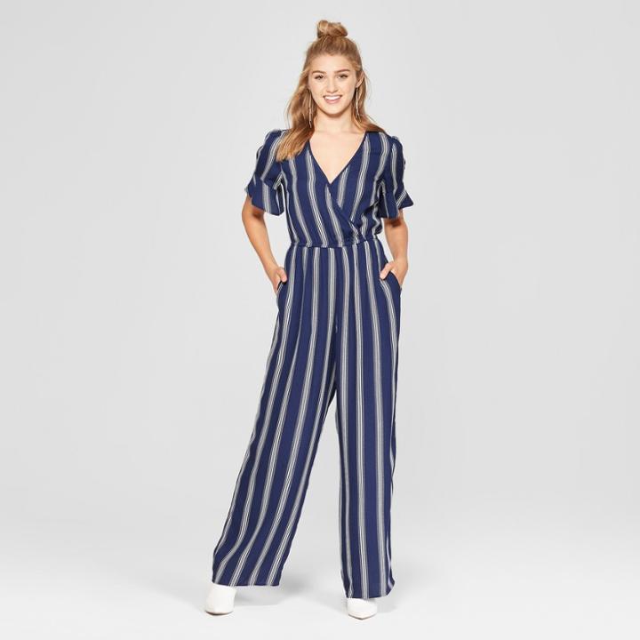Women's Striped Short Sleeve Wrap Jumpsuit - Xhilaration Navy (blue)
