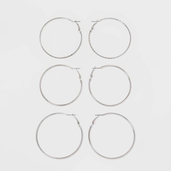 Thick, Thin And Textured Hoop Earring Set 3ct - Wild Fable Rhodium